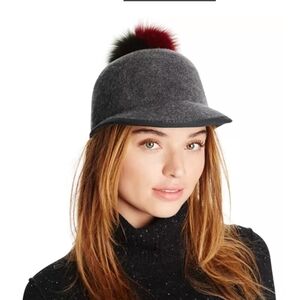 Helene Berman Charcoal Cap with Burgundy Pom Pom